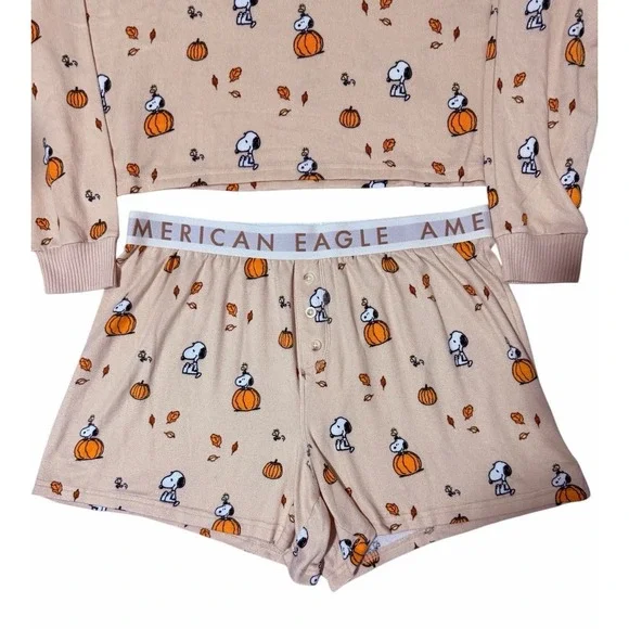 American Eagle Peanuts Fall Pumpkin Snoopy Plush Pajama Set Women's Size Large - Picture 7 of 16